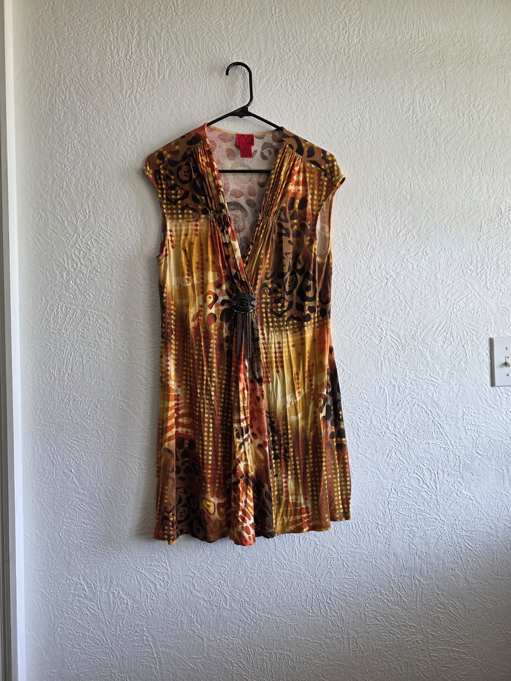 V Cristina Yellow Orange Brown Abstract Print Mini Dress With Brooch Decor
